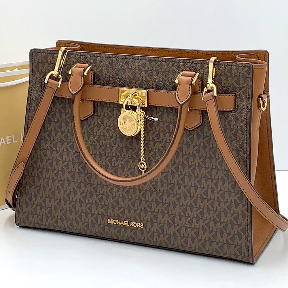 Michael Kors Hamilton Med Satchel Shoulder Crossbody Bag Luggage/Brown Signature - Picture 1 of 16